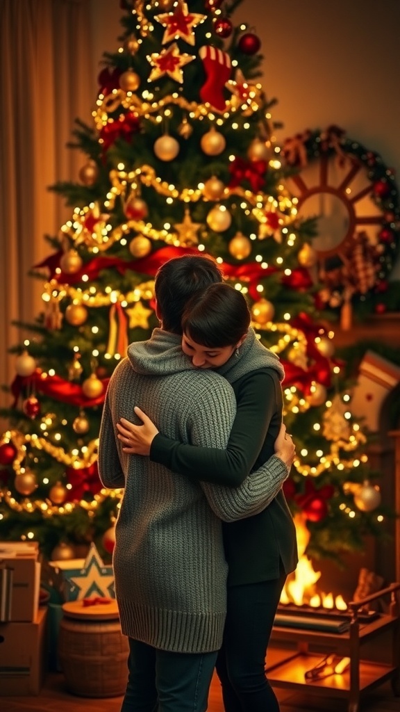 A romantic couple in front of a Christmas tree, surrounded by holiday decorations.